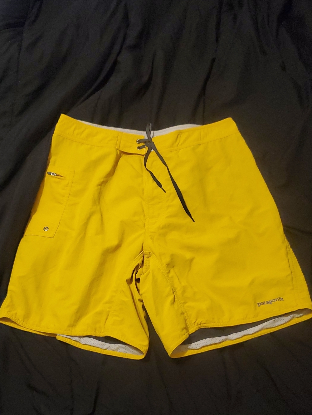 Patagonia Men’s Yellow Swim Board Shorts with Black Drawstring